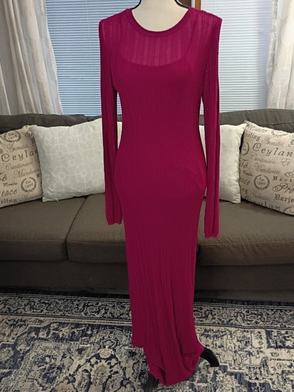 NWOT Future Collective Women's Long Sleeve Magenta Ribbed Semi-Sheer Maxi Dress